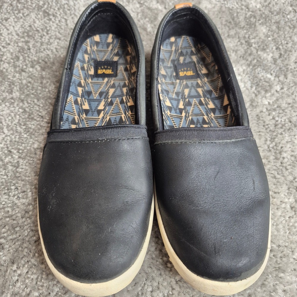 Teva Black Leather Slip On Sneakers Womens 7.5 Low‎ Top Comfort Flats Shoes